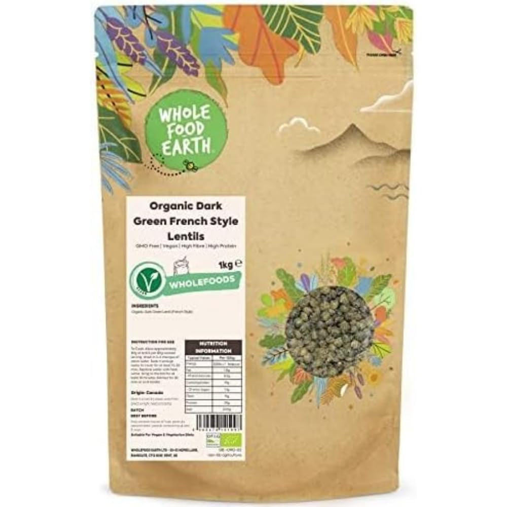 Wholefood Earth Lentejas orgánicas estilo francés de color verde oscuro 1 kg sin OGM | Vegano | Rico en fibra | Rico en proteínas | Certificado orgánico