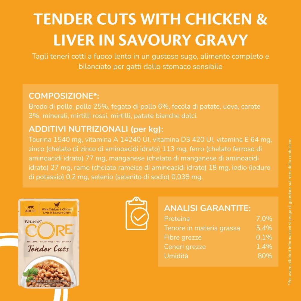 Wellness CORE Tender Cuts 6 x 85g, Mezcla Selección de Pollo - Comida húmeda para gatos, trozos tiernos en salsa, sin cereales, natural, hipoalergénico, rico en proteínas, alto contenido en carne