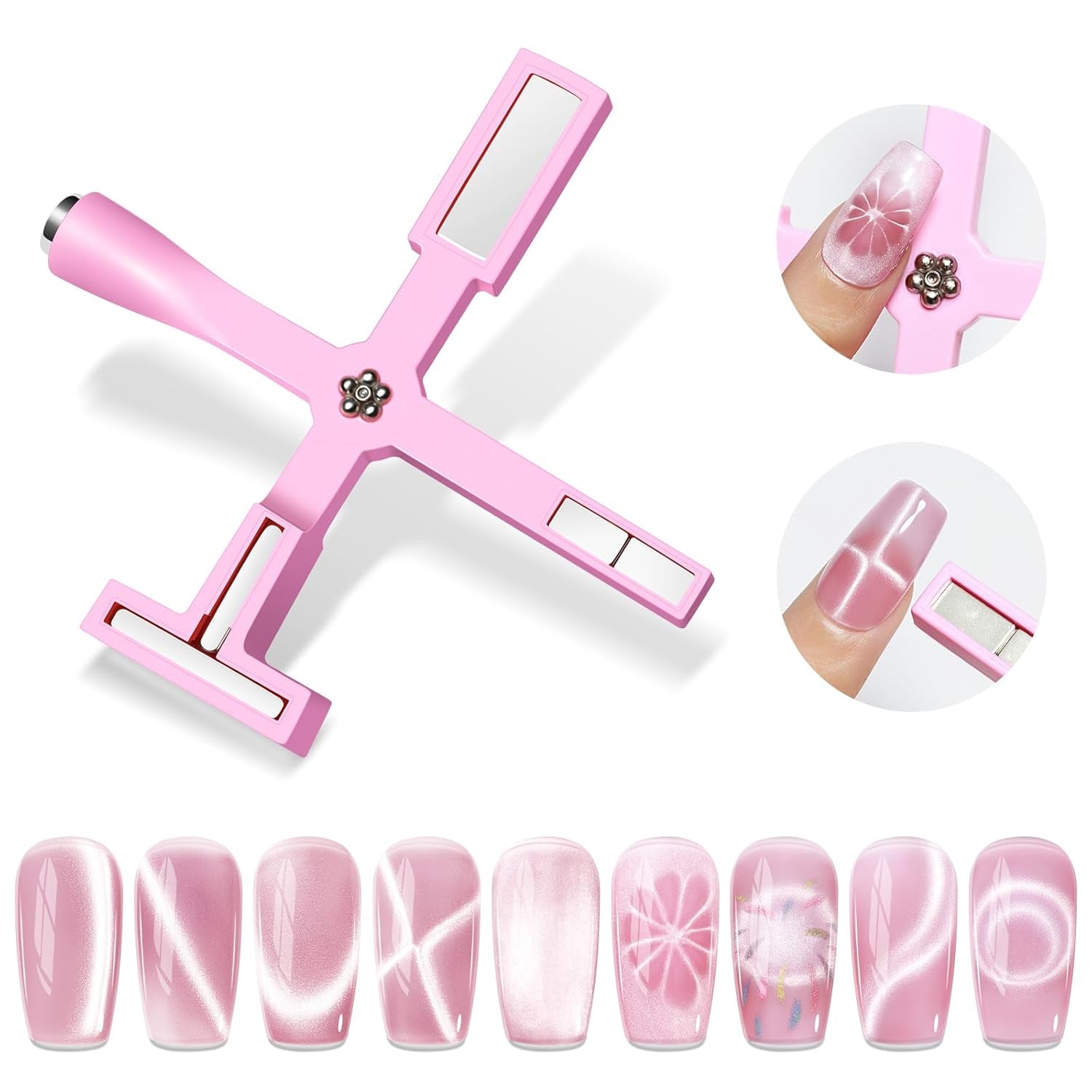 SUPWEE Herramienta de imán de uñas 5 en 1, imán de ojo de gato rosa para uñas multifunción, imán magnético 3D DIY Magic Stick Pen Set Nail Art Magnet Stick para Nail Art Diy-Zubehör