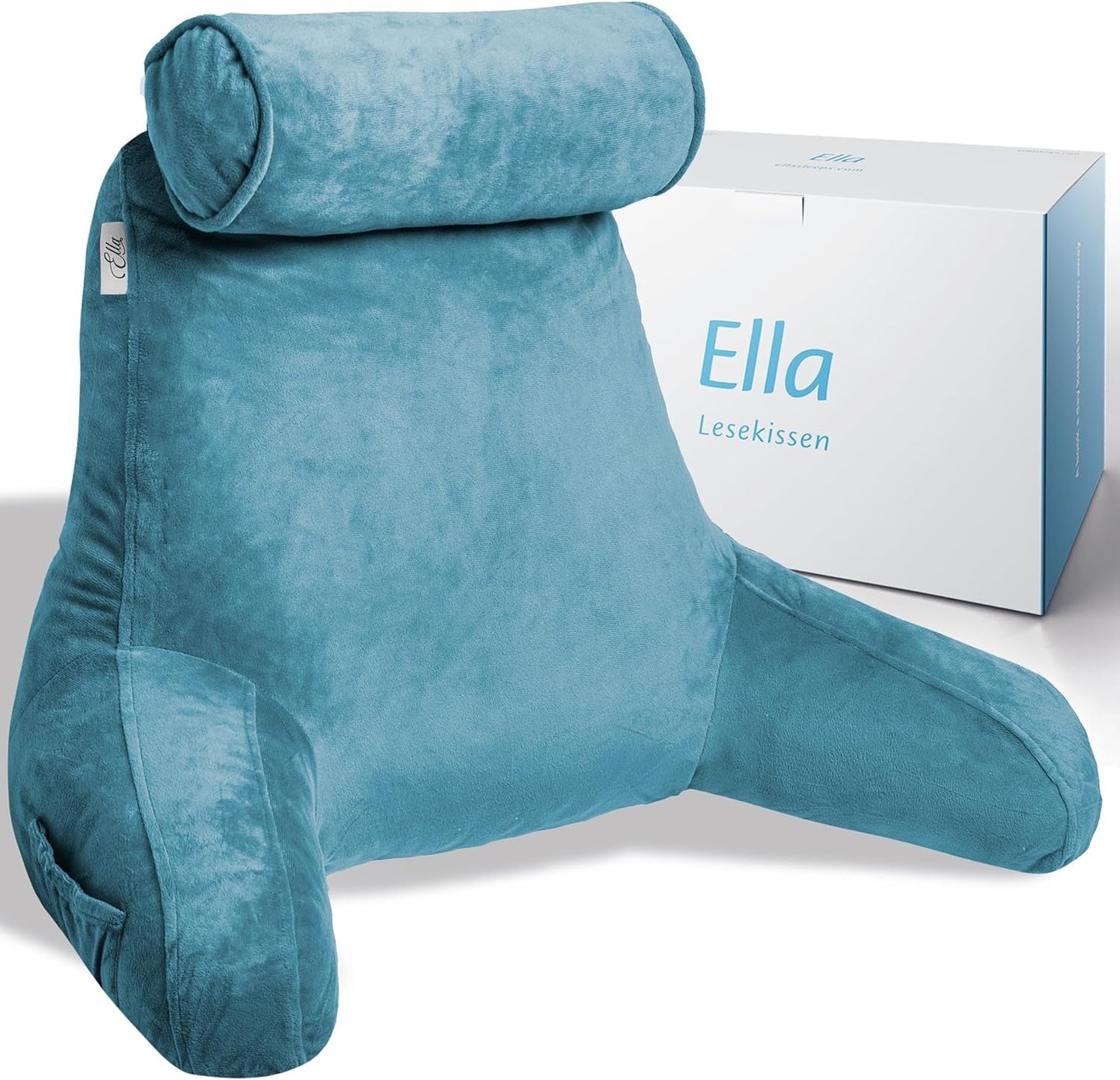 Ella Almohada de Lectura para Cama y Sofá con Rollo para el Cuello Desmontable - Almohada de Respaldo para Cama - Almohada de Lectura de Espuma Viscoelástica con Reposabrazos, Ideal para Leer, Ver TV, Relajarse o Como Respaldo - Gris