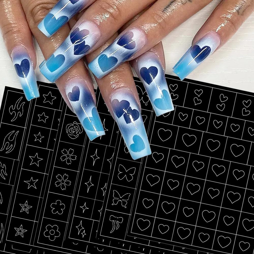 6 hojas de pegatinas de uñas con plantilla de aerógrafo, mariposa, llama, estrellas, corazón, estrellas, pegatinas de uñas, herramienta de plantilla de impresión, pegatinas autoadhesivas para mujeres, pegatinas de diseño de arte de uñas