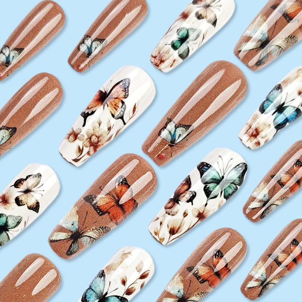 24 piezas de prensa larga en las uñas ataúd uñas artificiales mariposa flor uñas adhesivas blanco marrón acrílico juego de uñas puntas de uñas mujeres primavera verano accesorios de uñas
