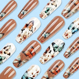 24 piezas de prensa larga en las uñas ataúd uñas artificiales mariposa flor uñas adhesivas blanco marrón acrílico juego de uñas puntas de uñas mujeres primavera verano accesorios de uñas