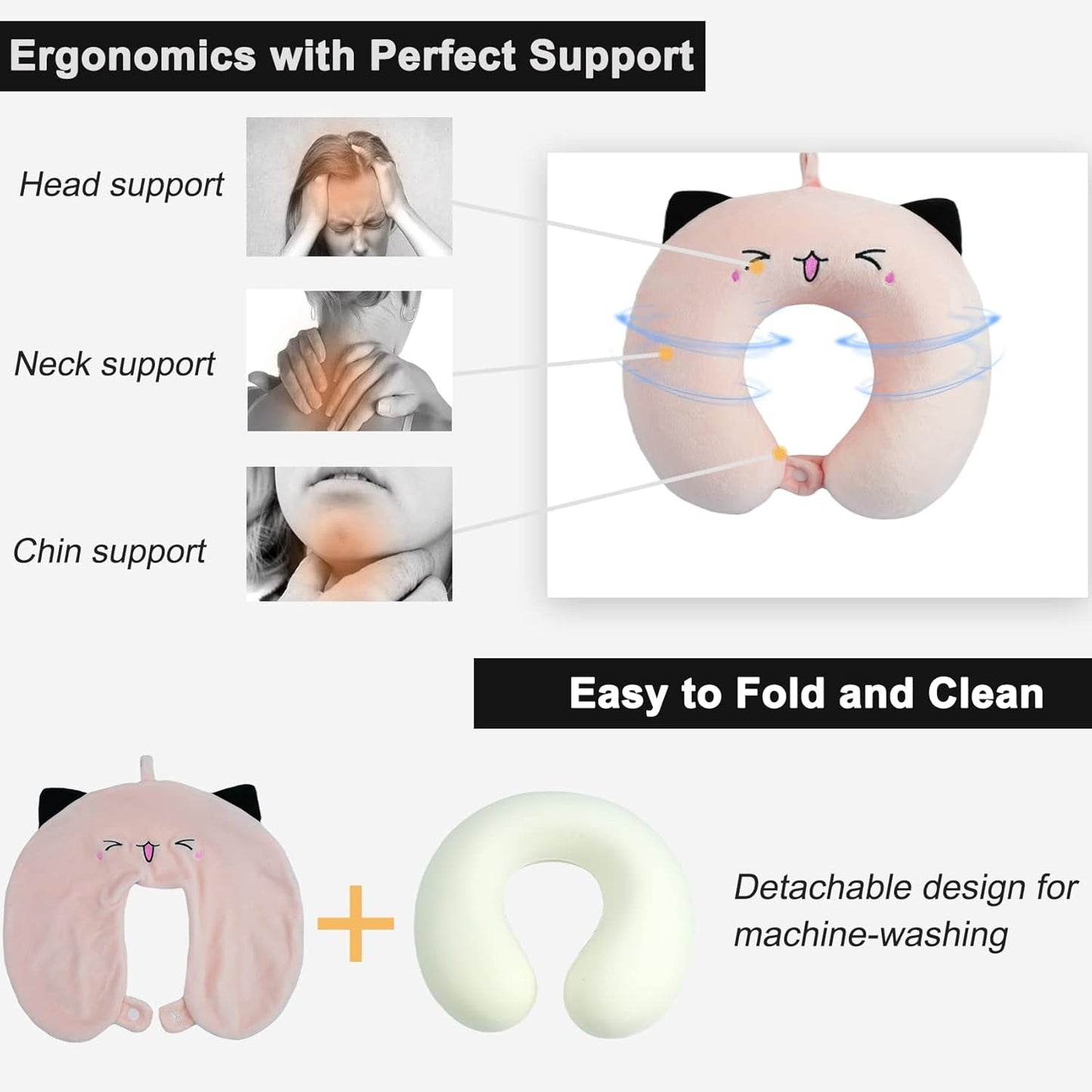 Almohada para el cuello Almohada para el cuello para niños para avión, automóvil, tren, viaje, almohada de viaje de espuma viscoelástica para adultos, almohada en forma de U con patrón de animales lindo, funda desmontable (Rosa2) Almohadas ortopédicas cervicales Naty Shop