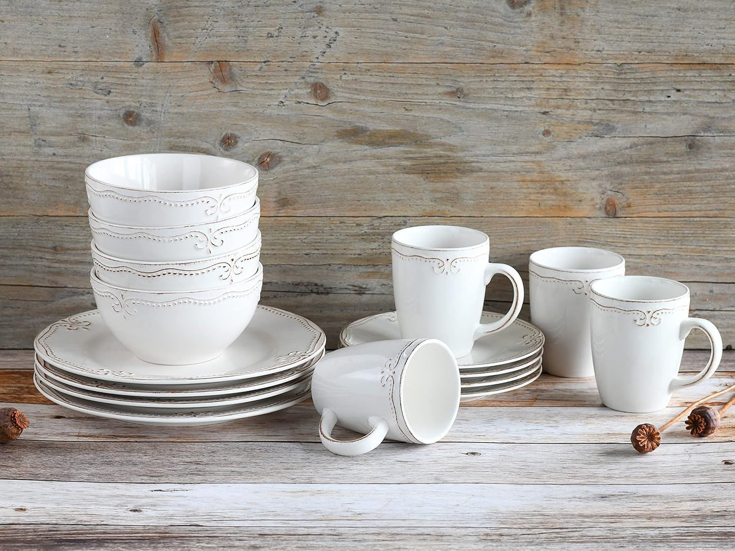 CreaTable, 23601, Serie Romantic Vintage, Vajilla de 16 piezas para 4, Servicio combinado de porcelana, Apto para lavavajillas y microondas, Fabricación de calidad