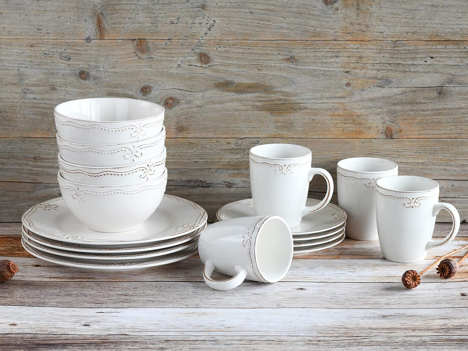 CreaTable, 23601, Serie Romantic Vintage, Vajilla de 16 piezas para 4, Servicio combinado de porcelana, Apto para lavavajillas y microondas, Fabricación de calidad