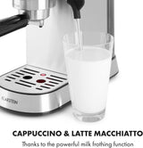 Klarstein Futura Cafetera espresso, Cafetera espresso portátil con filtro, 1450 W, 20 bar, Calidad barista, Doble boquilla, Parada de flujo, Cafetera espresso portátil con filtro, Función espumador de leche, Plata