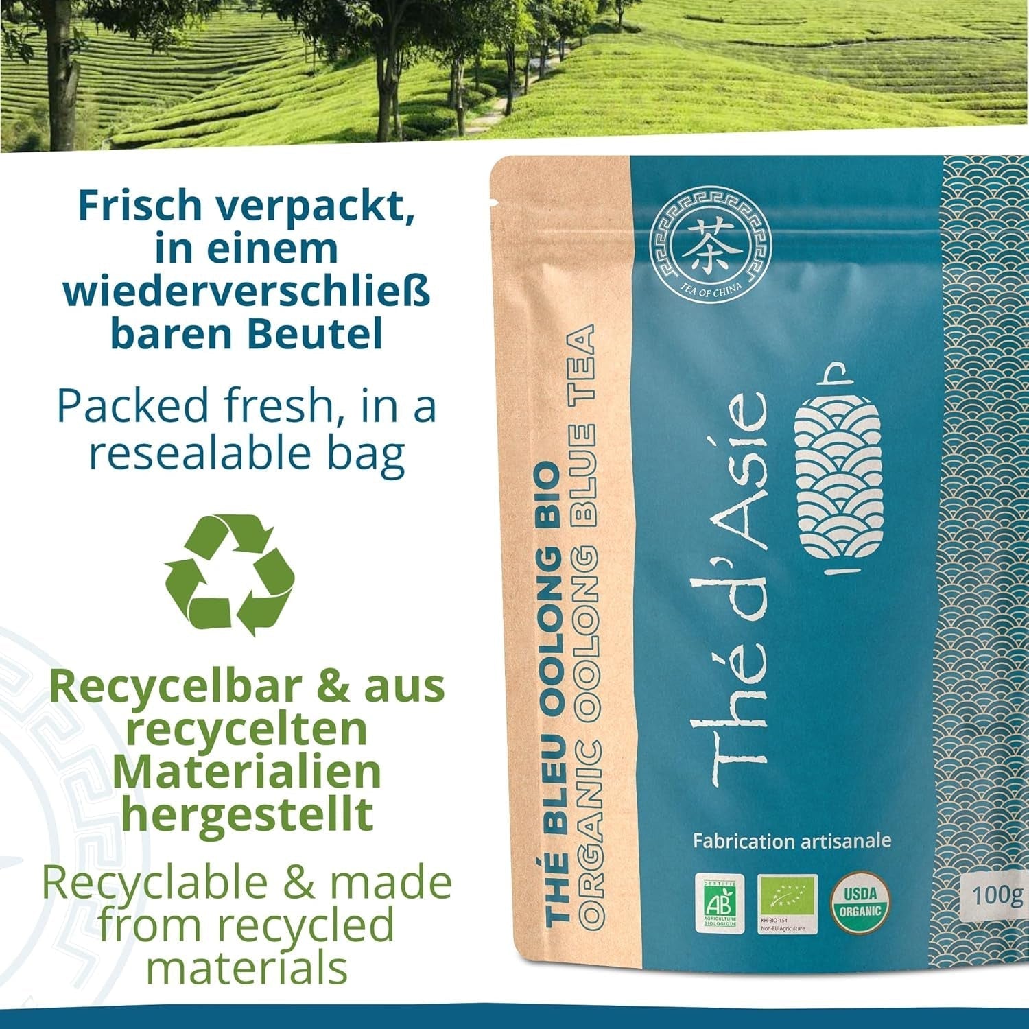 Khla - Té Bio Oolong 100 G - Té Azul - Té Suelto Natural - Té Asiático Orgánico - Suelto y Cortado - Té de Hierbas e Infusiones - De China