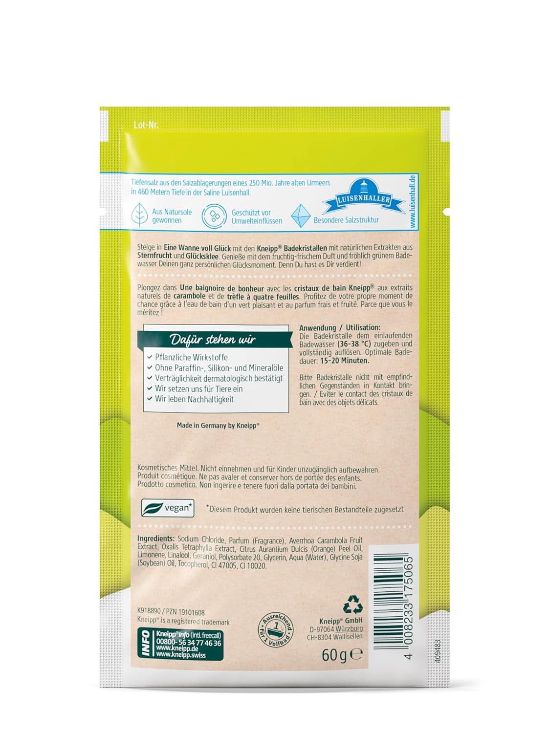 Kneipp, cristales de baño, con extractos naturales de carambola y trébol de la suerte, con alta proporción de sal Luisenhaller, 60 gramos Ducha y baño Naty Shop