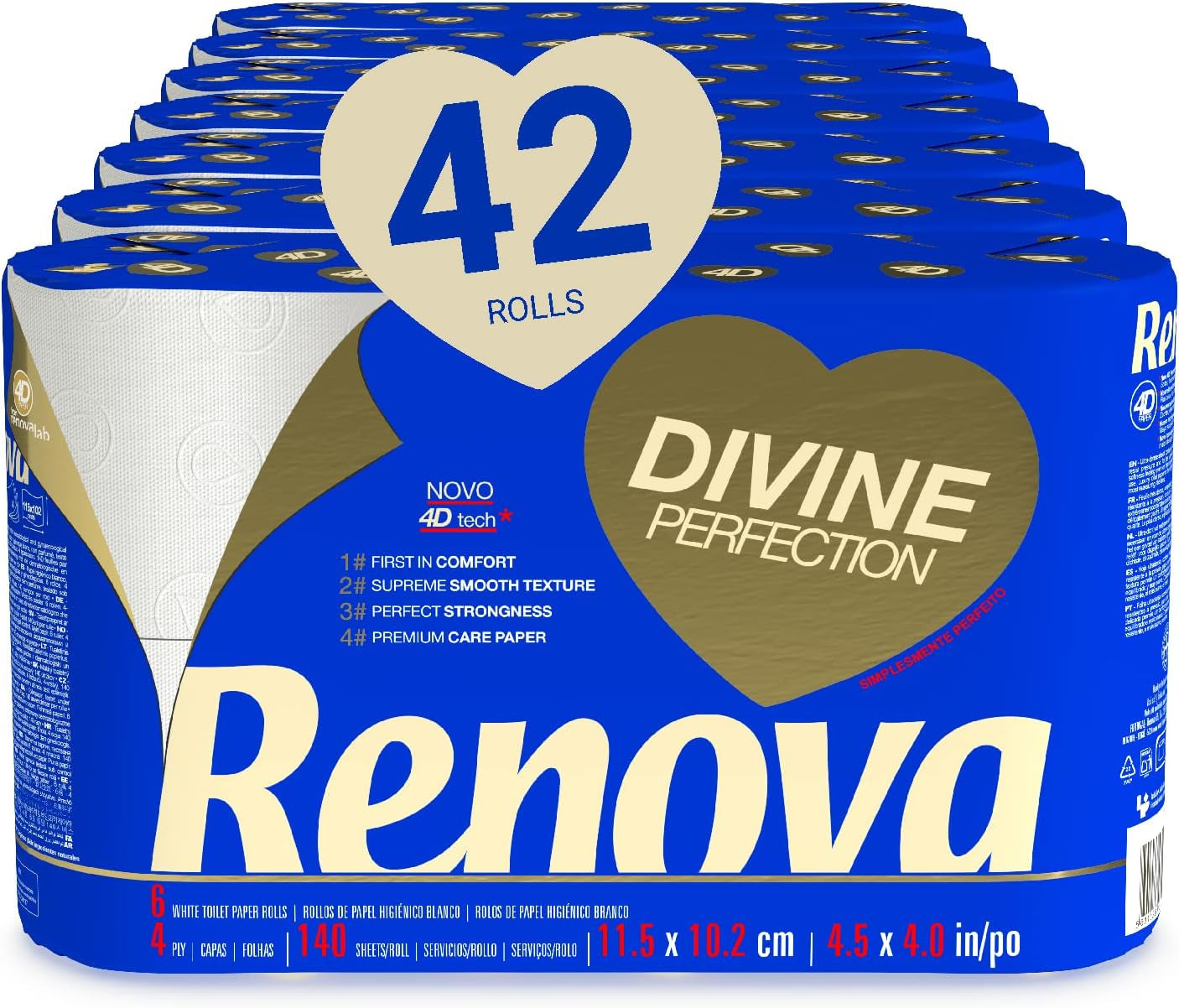 Renova Papel higiénico Renova Divine Perfection, 42 rollos, papel higiénico premium, 4 capas, ultra suave, extrafuerte, grueso, suave y absorbente, papel certificado Fsc, 4400G