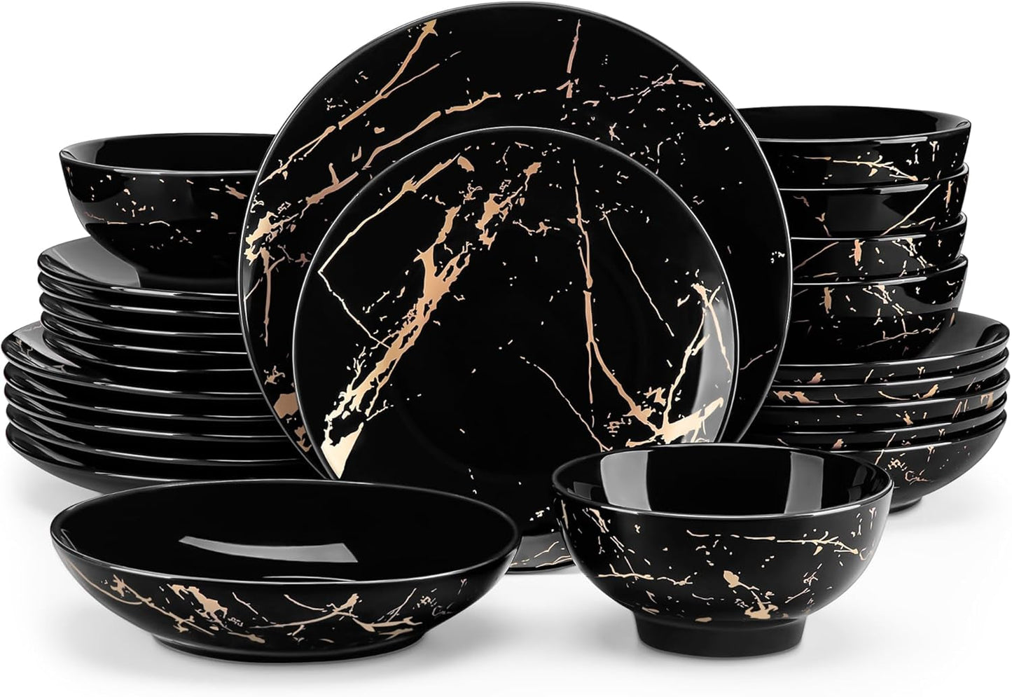 LOVECASA Daphne Series Juego de vajilla de porcelana SWEET Juego combinado de 24 piezas Platos llanos de diseño dorado Platos de postre Cuencos de cereales y platos llanos para 6
