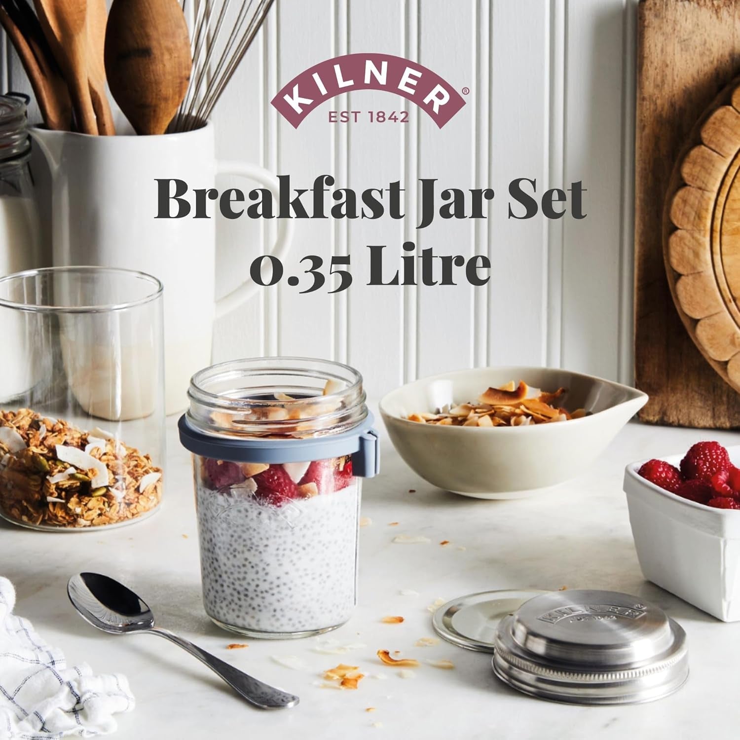 Tarro de desayuno Kilner con cuchara / 350 ml, Ø 9,5 cm / 5 piezas | vaso de muesli para llevar / no tóxico / recipiente de vidrio con tapa para muesli, gachas y yogur / recipiente para avena durante la noche Naty Shop Food Storage Boxes