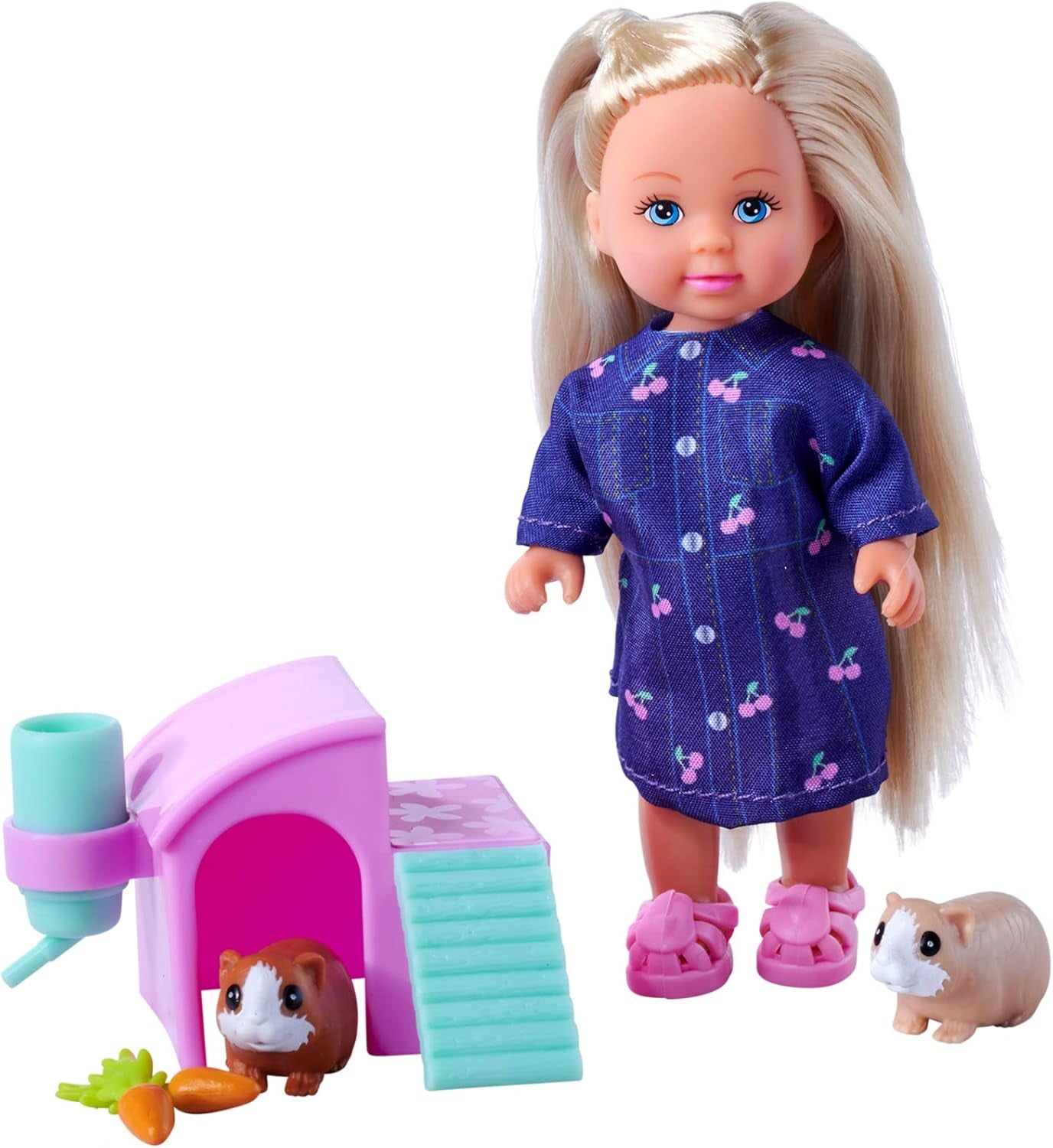 Muñeco Simba Evi Love Guinea Pigs con dos cobayas y casa, botella de agua y zanahorias, 12 cm, a partir de 3 años