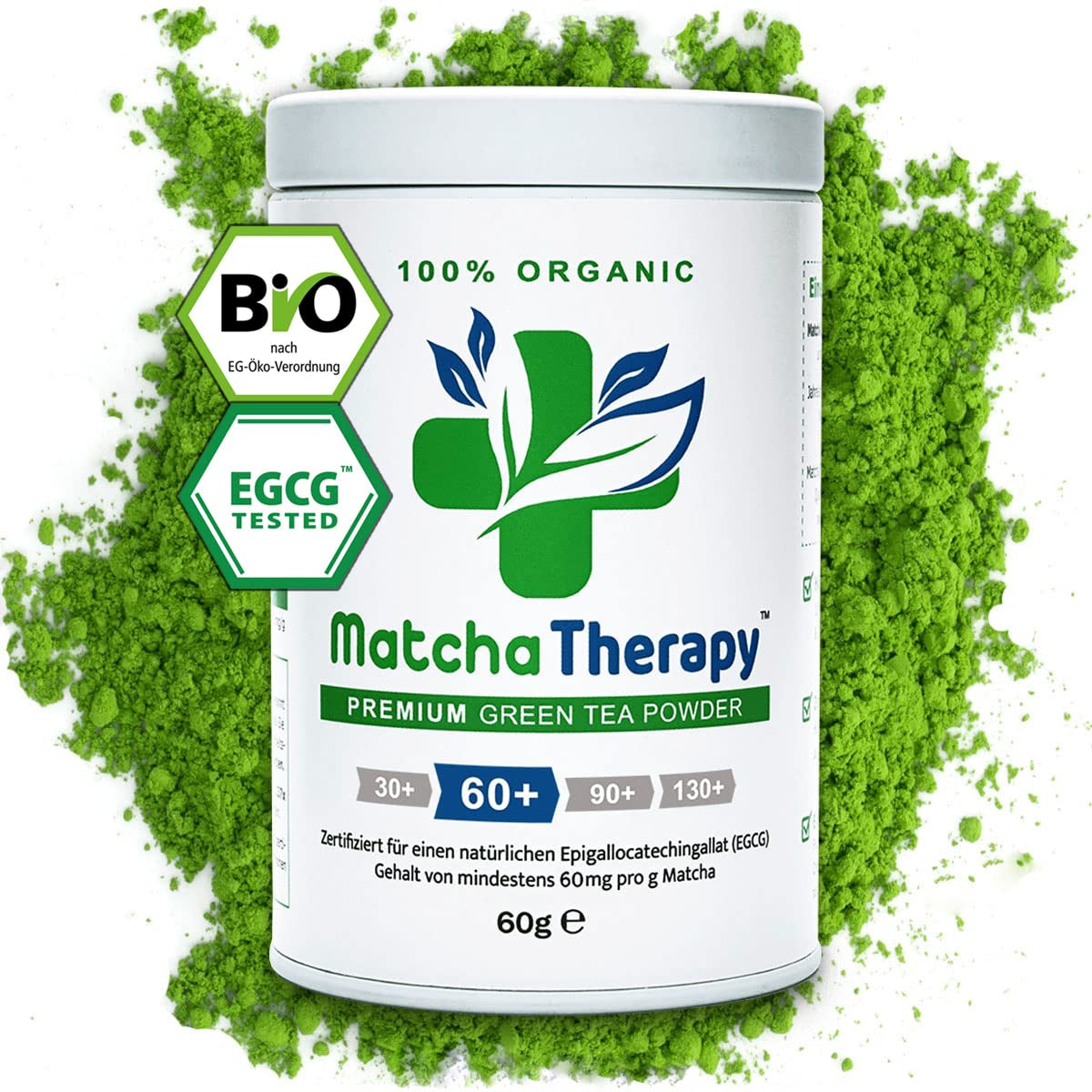 Terapia Matcha 30+ | Té Matcha orgánico en polvo | 60 gramos | Con un contenido comprobado de al menos 30 mg/g de catequina EGCG | Apoya el sistema inmunológico y los niveles de energía | Calidad Ceremonial | Té verde de Japón