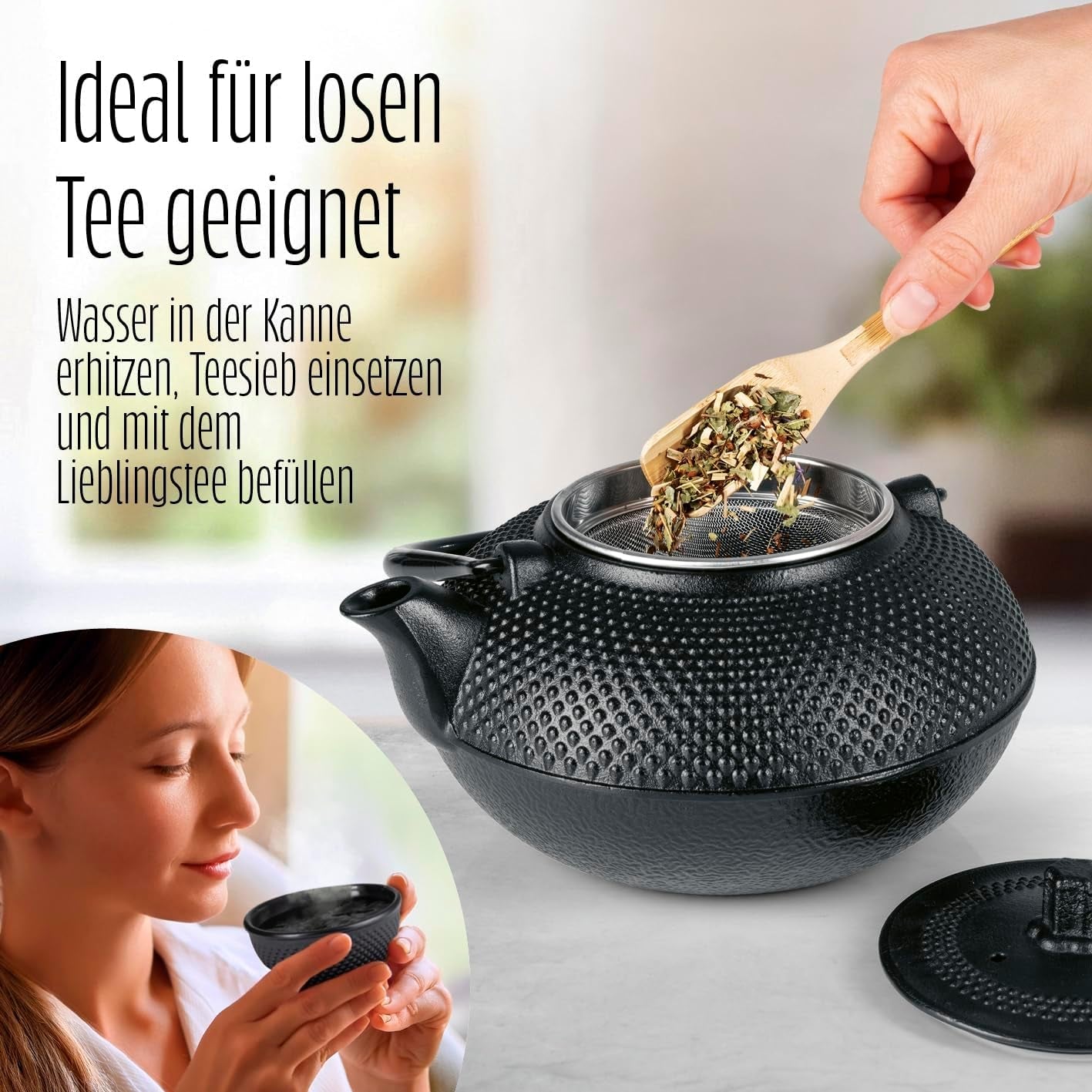 Juego de té Lumaland de 8 piezas | Tetera de hierro fundido Tetsubin de 1,4 litros | Calentador de hierro fundido | 2 tazas de té y 2 platillos | Juego de té japonés que incluye cuchara medidora de bambú e infusor de acero inoxidable.