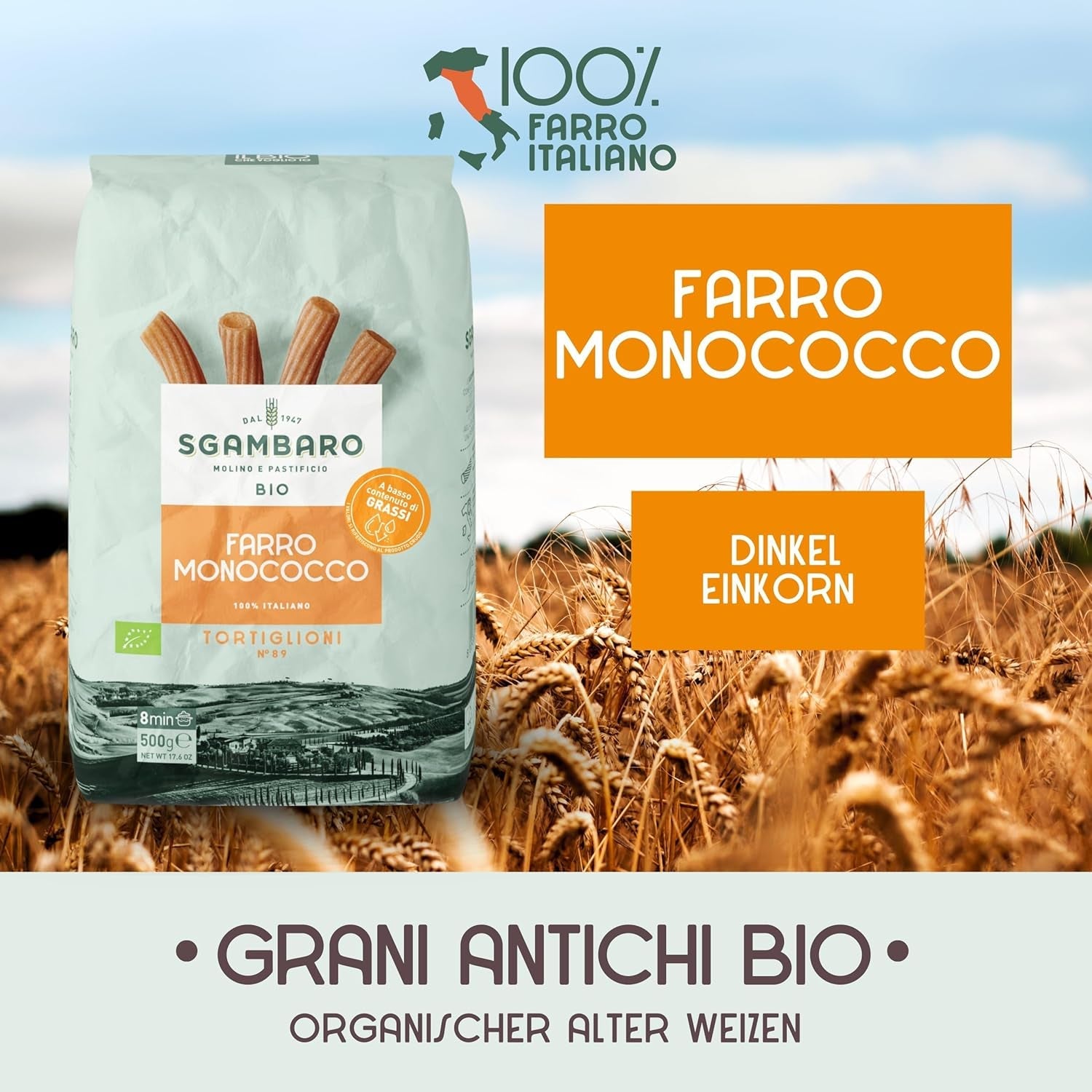 Pasta Tortiglioni Bio nº 89 - 500g Pasta de trigo baja en grasa – Bajo contenido en grasa – Fuente de fibra y proteínas