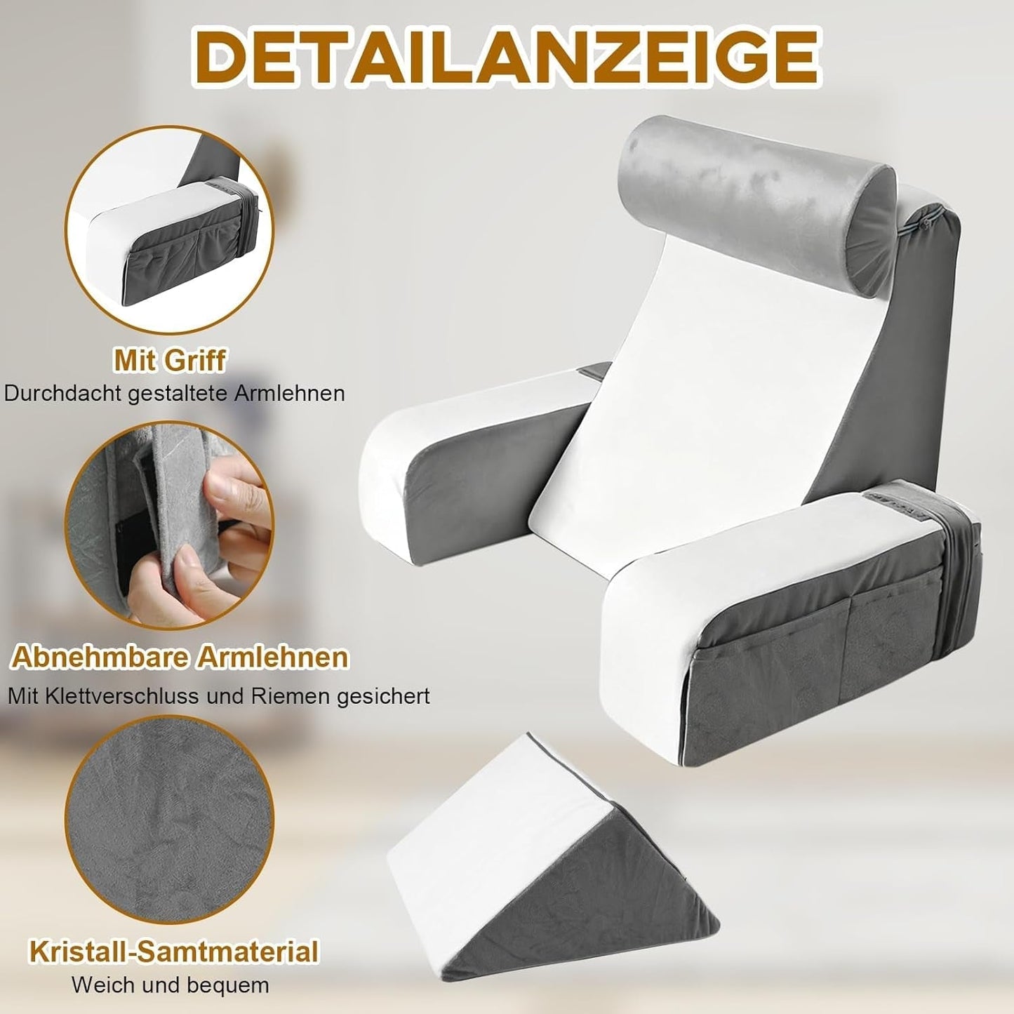 Almohada de lectura con soporte para el cuello y apoyabrazos desmontables, cómoda y liviana almohada para la espalda para cama y sofá, almohada para la espalda para adultos, respaldo de espuma viscoelástica para leer, mirar televisión y videojuegos