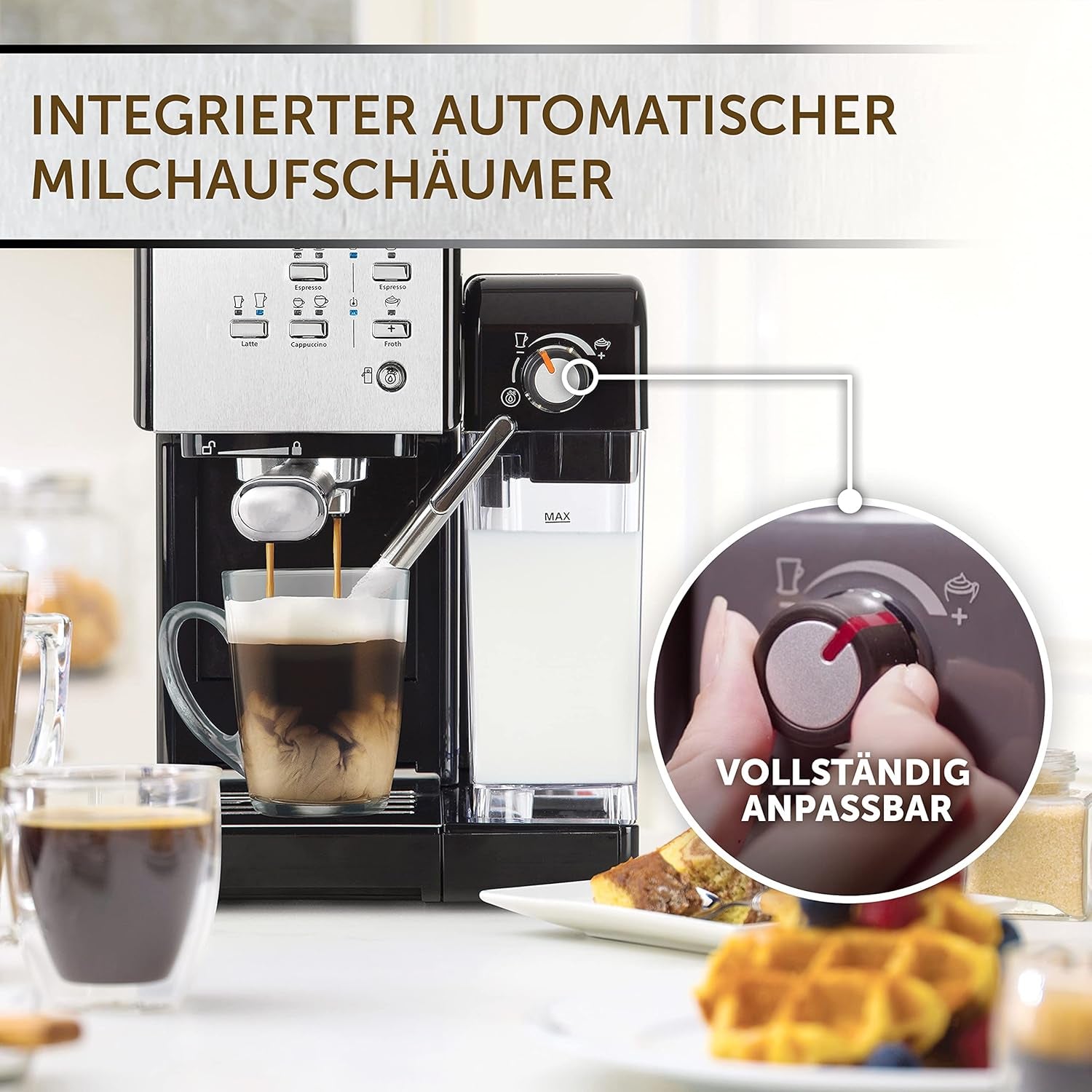 Café exprés Bréville Prima Latte II | Máquina de café con leche y capuchino | Bomba profesional con 15 bar y espumador de leche | Plata [VCF108X]
