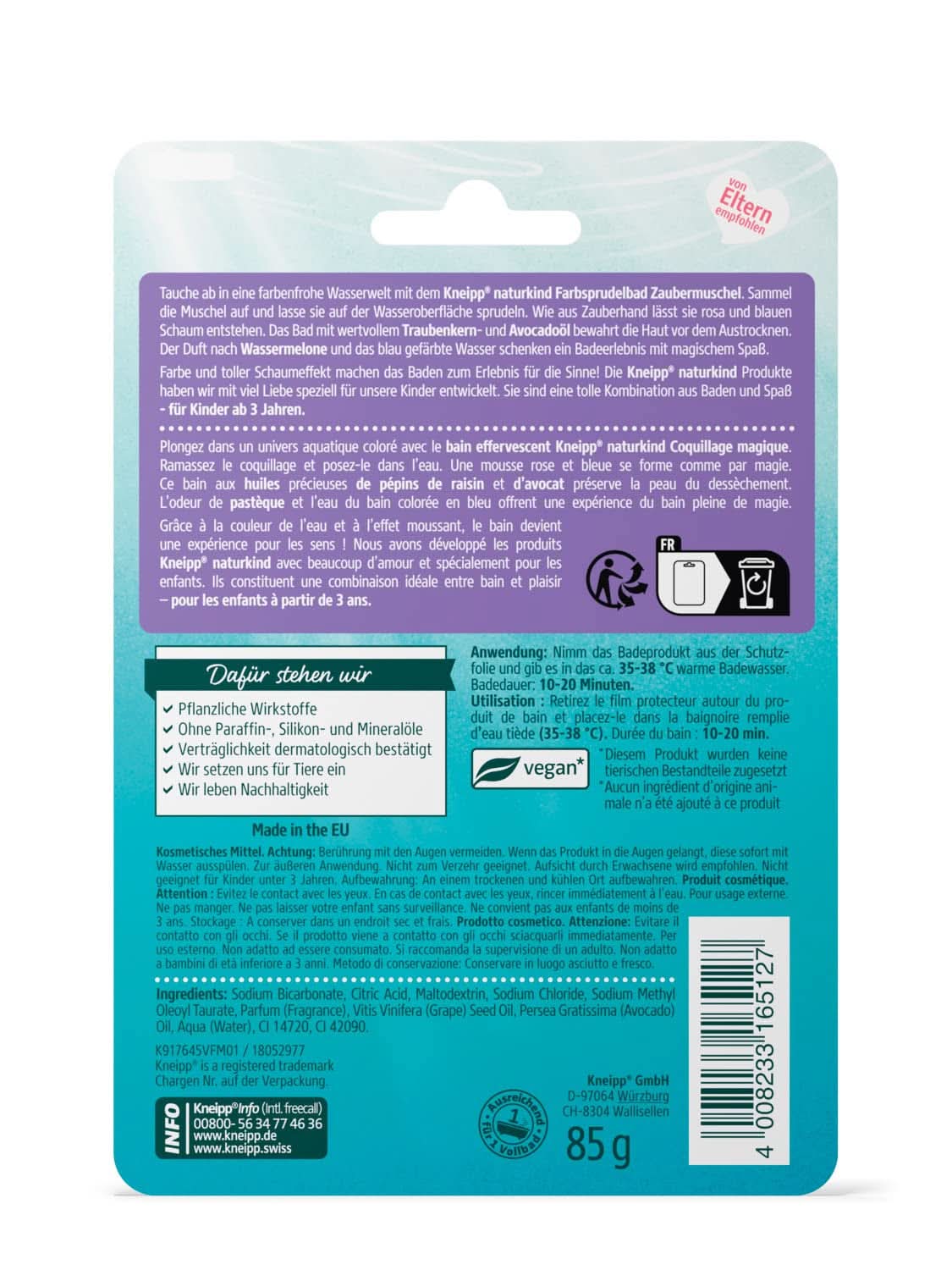 Kneipp Naturkind, aditivo para el baño con valioso aceite de semilla de uva y aguacate - cáscara flotante con sabor a melón para una diversión mágica en el baño - 1 ud. Tienda Naty Ducha y Baño
