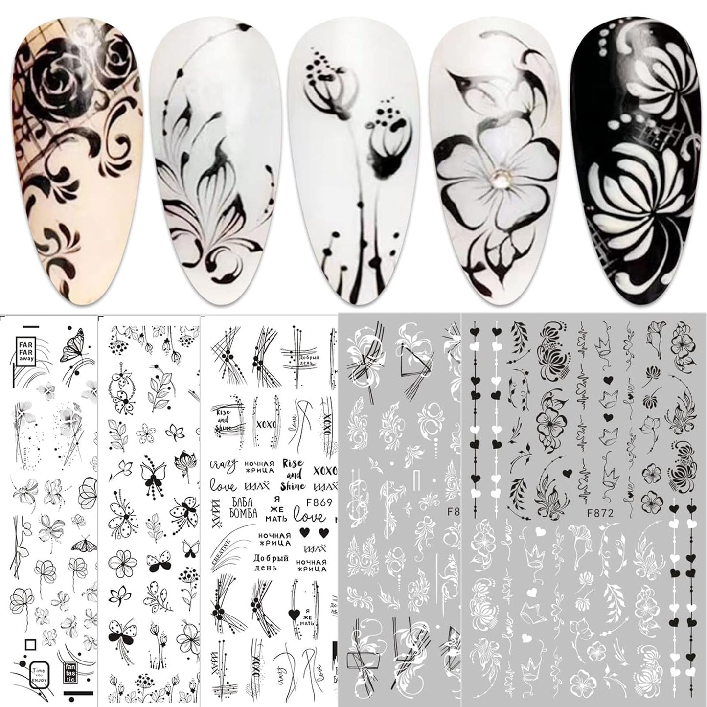JMEOWIO Nagelsticker Blumen 10 Blatt Nagelaufkleber Selbstklebend Negro Blanco Flor Nail Art Sticker Decoración Nageldesign Zubehör