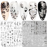 JMEOWIO Nagelsticker Blumen 10 Blatt Nagelaufkleber Selbstklebend Negro Blanco Flor Nail Art Sticker Decoración Nageldesign Zubehör