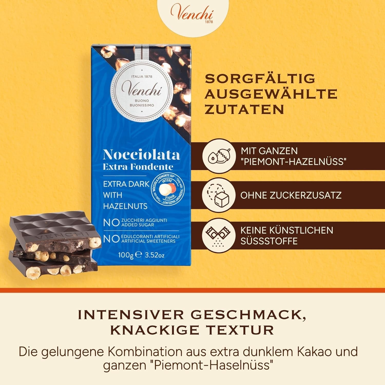 Venchi - Pack de 6 tabletas de chocolate negro con avellanas, 600g - Sin azúcares añadidos - Sin edulcorantes artificiales - Sin gluten - Vegano - Idea de regalo