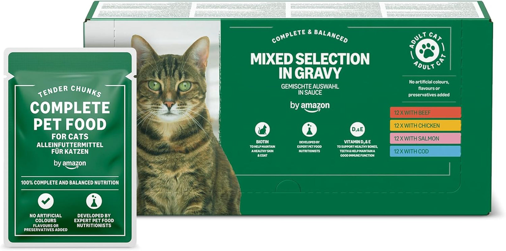 Amazon Comida Húmeda para Gatos Adultos Selección Mixta en Salsa 4,8kg (48 Paquetes x 100g)