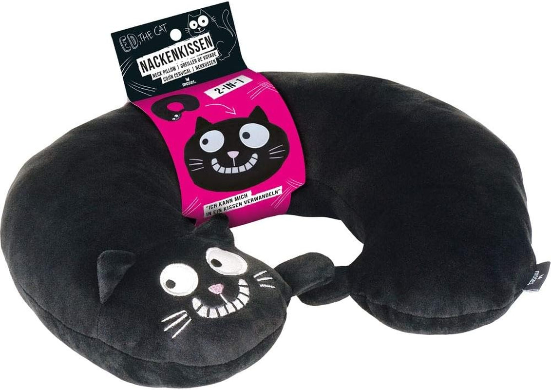 Almohada para el cuello de Moisés. Ed, el gato | Almohada 2 en 1 para cuello y cabeza para viajes | Almohada de viaje para gatos, 28 cm, Negro