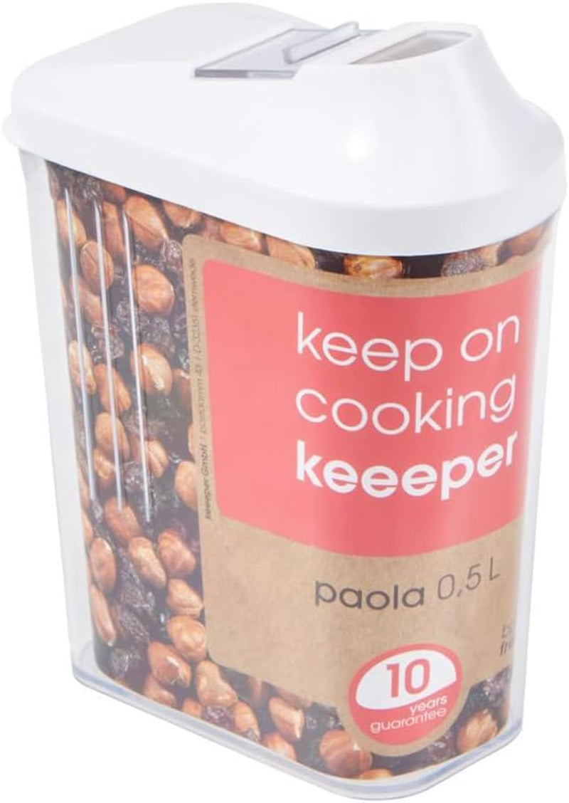 Caja vertedora keeeper para suministros secos, tapa dosificadora de ajuste continuo, plástico, 500 ml, 8 x 4,5 x 15 cm, Paola, blanco Cajas para conservar alimentos Naty Shop 500 Ml