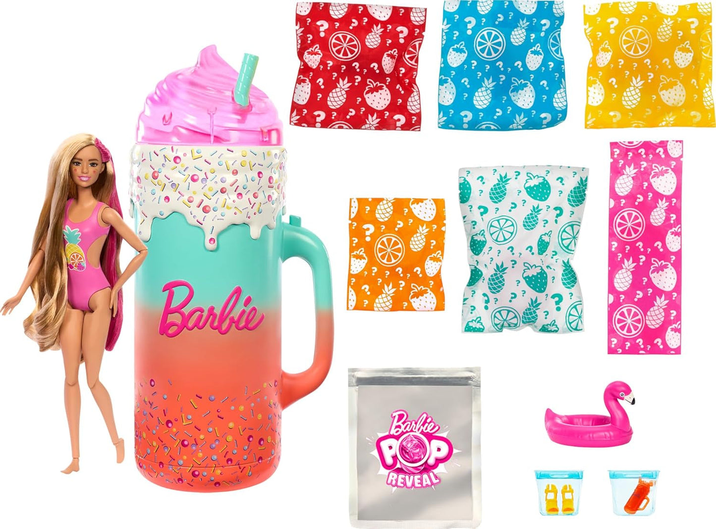 BARBIE Pop Reveal Rise & Surprise Set de regalo: más de 15 sorpresas, incluida 1 muñeca Barbie, accesorios de playa para diversión lúdica y frutal para niños de 3 años en adelante, HRK57