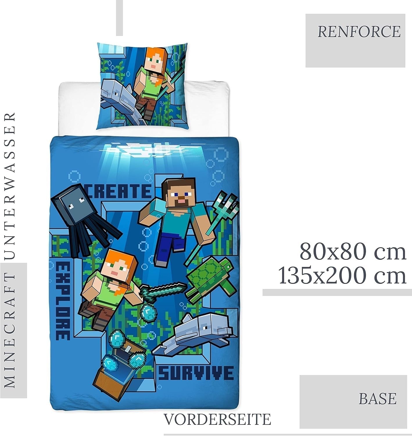 Minecraft Ropa De Cama Kinderbettwäsche Jugendbettwäsche 135X200 · Unterwasserwelt · Wende Motiv · Kissenbezug 80X80 + Bettbezug 135X200 Cm · 100% Baumwolle · Deutsche Größe Naty Shop