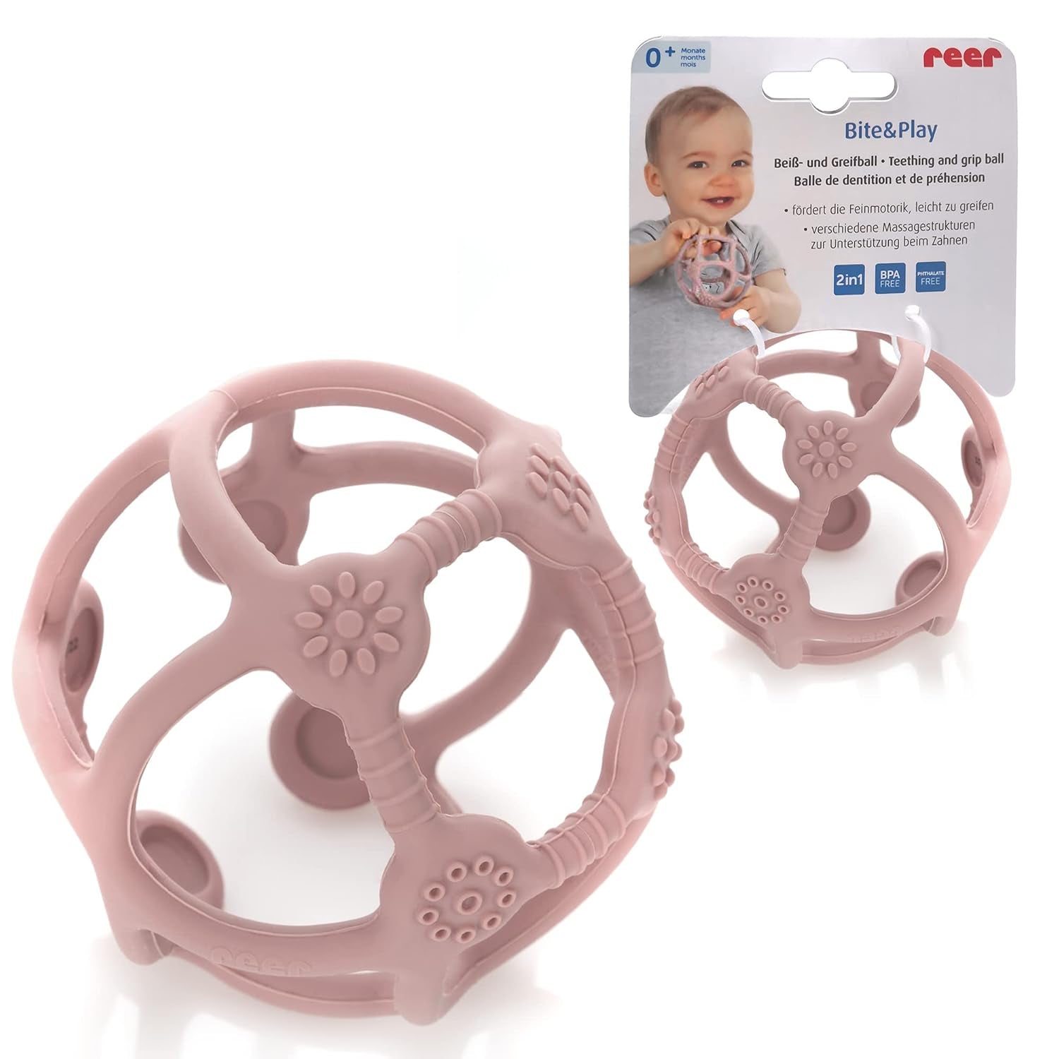 Reer Bite&Play - Pelota y receptor para mordedor de bebé, anillo mordedor y juguete para niños pequeños, gran regalo