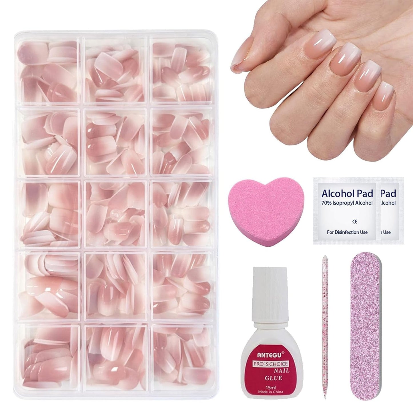 Juego de 240 uñas postizas cortas – Uñas postizas artificiales naturales cortas para pegar – Uñas artificiales degradadas desnudas para extensiones de uñas en caja (degradado desnuda)