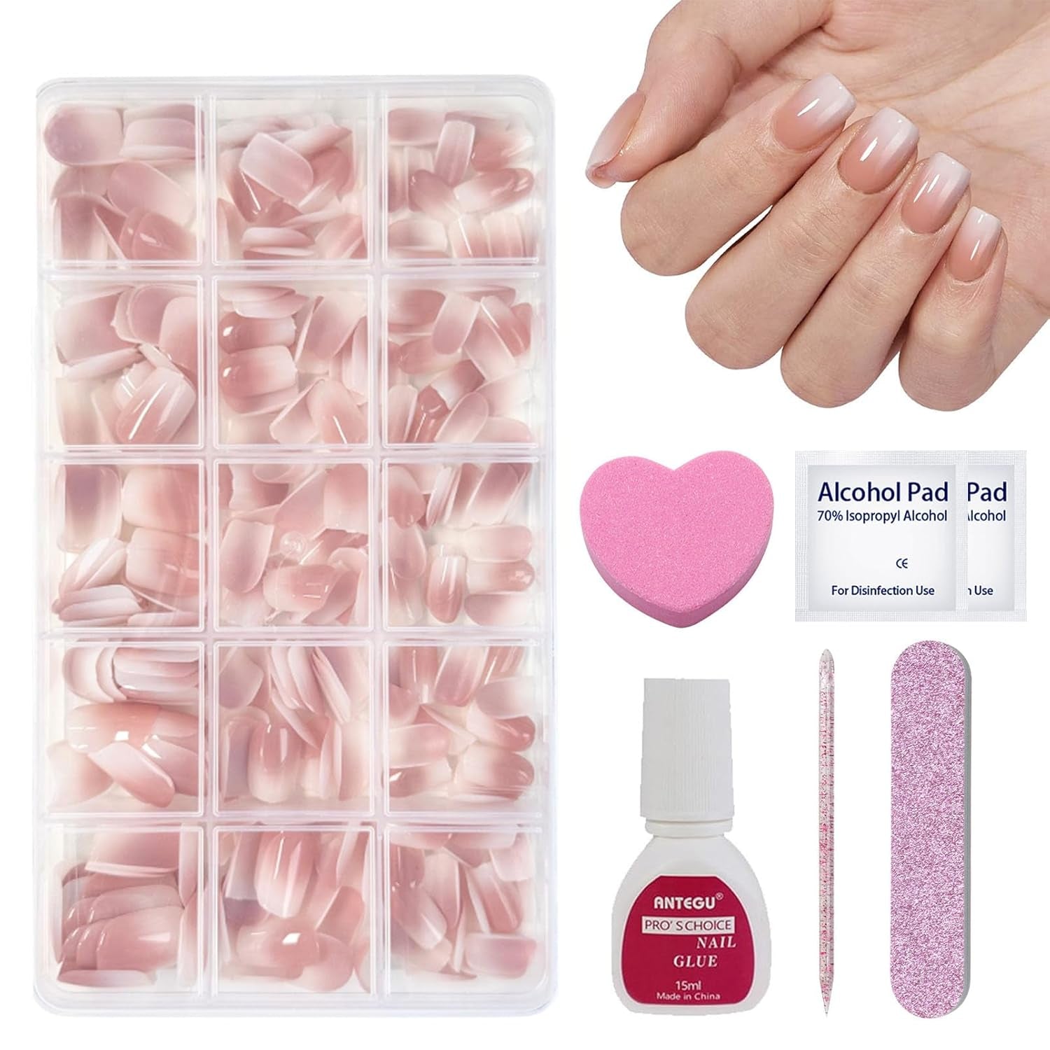 Juego de 240 uñas postizas cortas – Uñas postizas artificiales naturales cortas para pegar – Uñas artificiales degradadas desnudas para extensiones de uñas en caja (degradado desnuda)