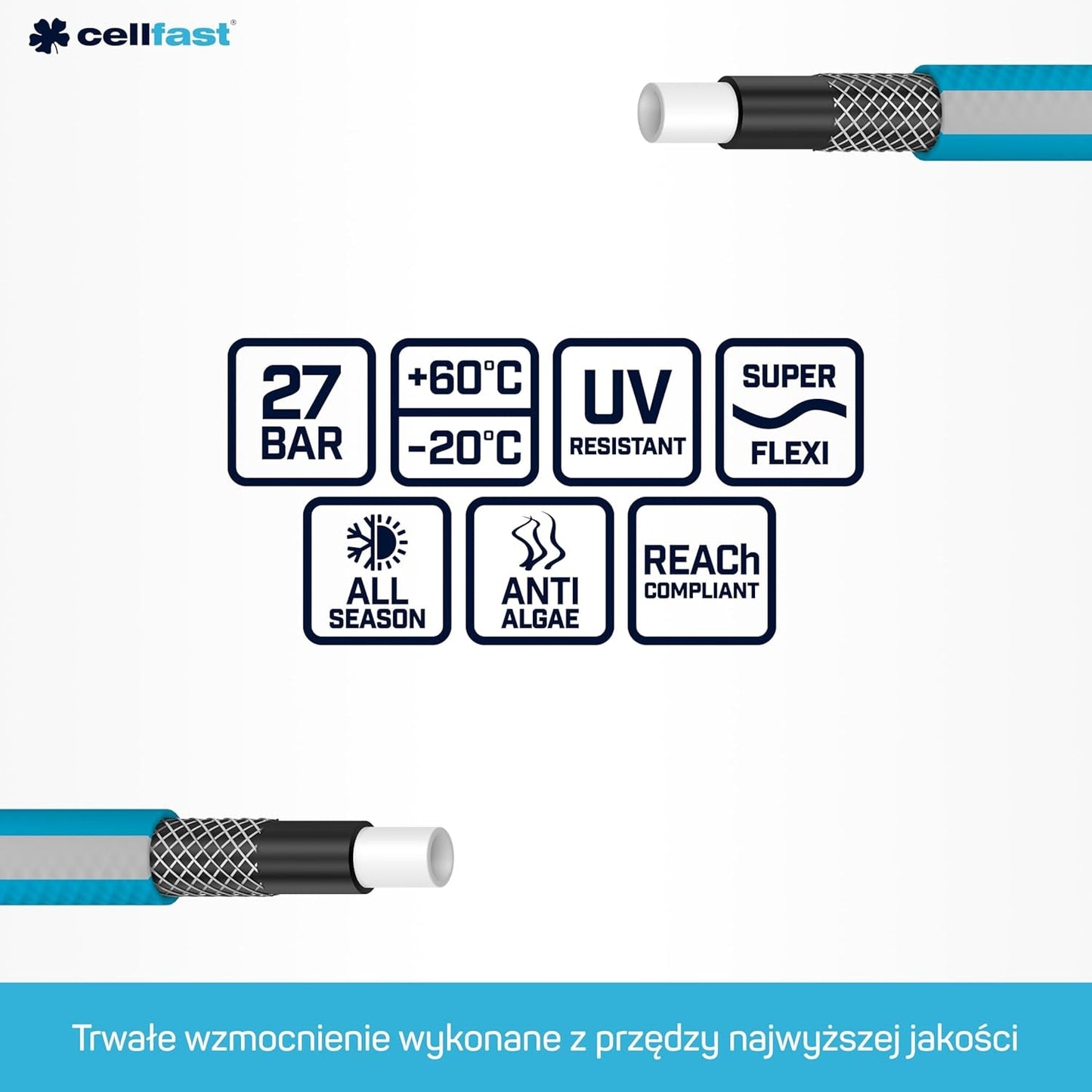 Cellfast Ideal juego de manguera de jardín, robusto, flexible, 4 capas, aspersor, resistente a los rayos UV y a las algas, tecnología Reach, 27 bar, -20/+60° a corto plazo, 1/2 pulgada, 20 m