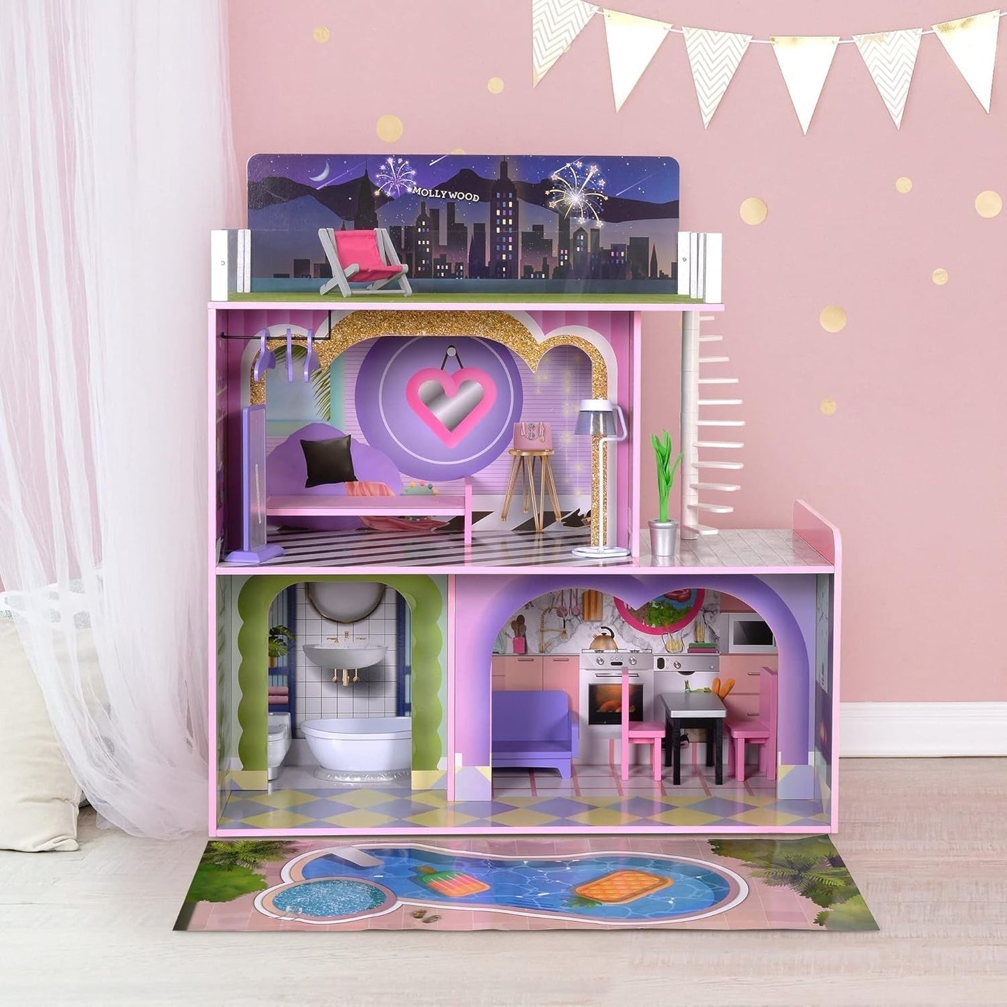 Olivia's Little World Big Dreamland Sunset Casa de Muñecas de Madera Interactiva para Niños Contemporánea 3 Pisos con 16 Muebles para Muñecas Accesorios Multi TD-13616A Casas de Muñecas Naty Shop