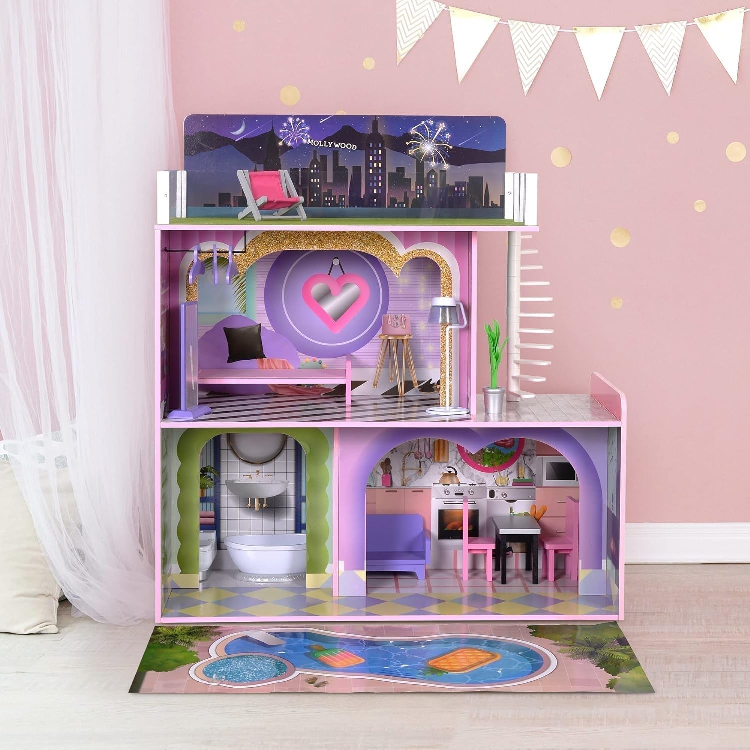 Olivia's Little World Big Dreamland Sunset Casa de Muñecas de Madera Interactiva para Niños Contemporánea 3 Pisos con 16 Muebles para Muñecas Accesorios Multi TD-13616A Casas de Muñecas Naty Shop