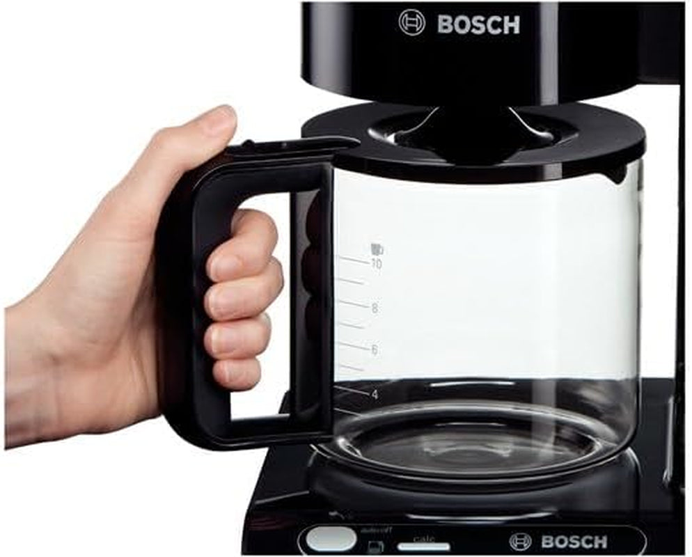 Bosch Styline TKA8013 Cafetera espresso con filtro, sensor de aroma, jarra de cristal preservadora de aroma de 1,25 l, 10-15 tazas, apagado automático, sistema descalcificador, sistema antigoteo, soporte de filtro giratorio, 1160 W, negro