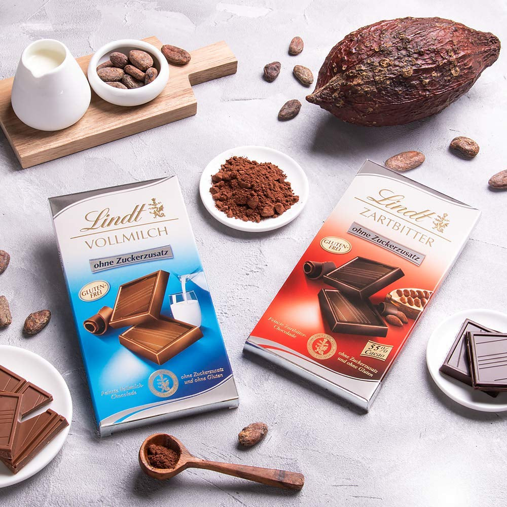 Chocolate negro sin azúcar añadido | Tableta 100g | Lo mejor con 55% cacao, sin gluten | Barra de chocolate | Set de regalo de chocolate (paquete de 4)