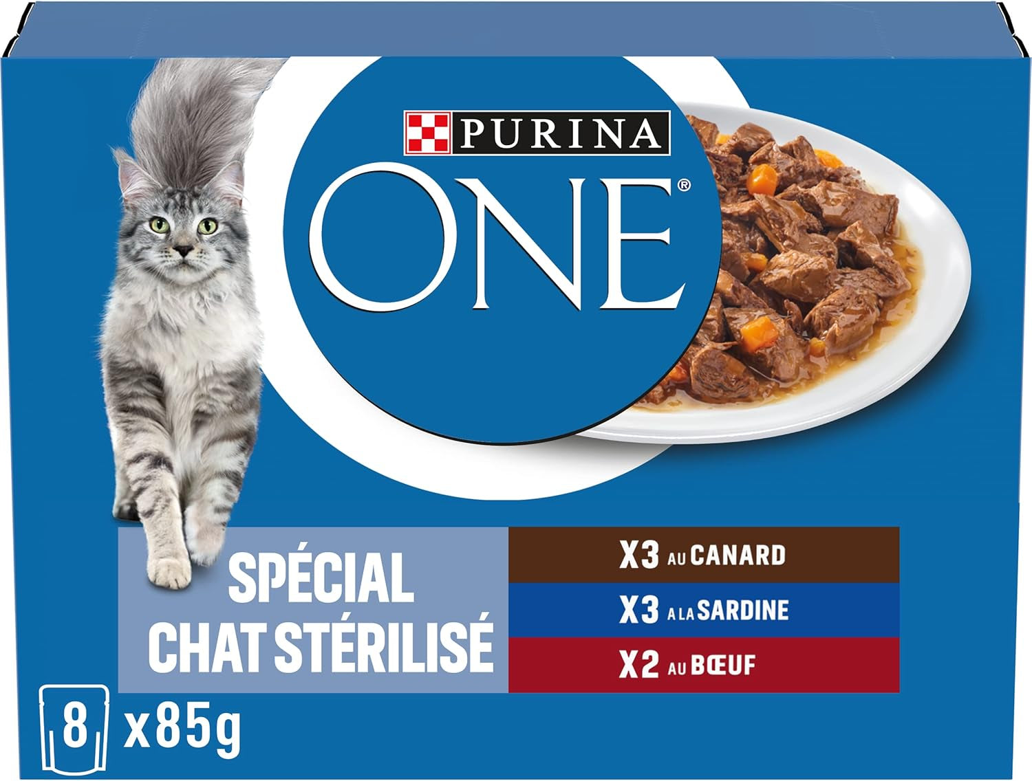 PURINA UNO | BIFENSIS | Alimento para gatos adultos esterilizados | Apoya la vitalidad, los huesos, los músculos y las articulaciones del gato | En salsa | Bolsas con pato, sardinas, ternera, frescura | 1 pieza (8 x 85 g)