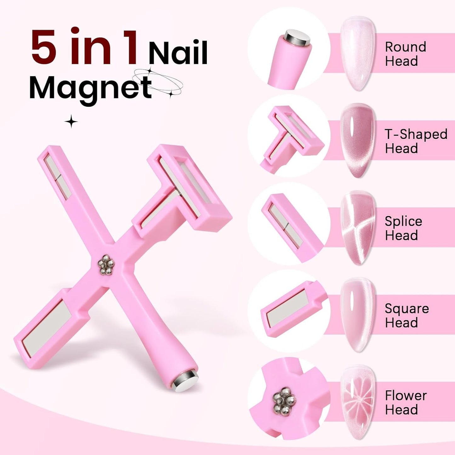 SUPWEE Herramienta de imán de uñas 5 en 1, imán de ojo de gato rosa para uñas multifunción, imán magnético 3D DIY Magic Stick Pen Set Nail Art Magnet Stick para Nail Art Diy-Zubehör