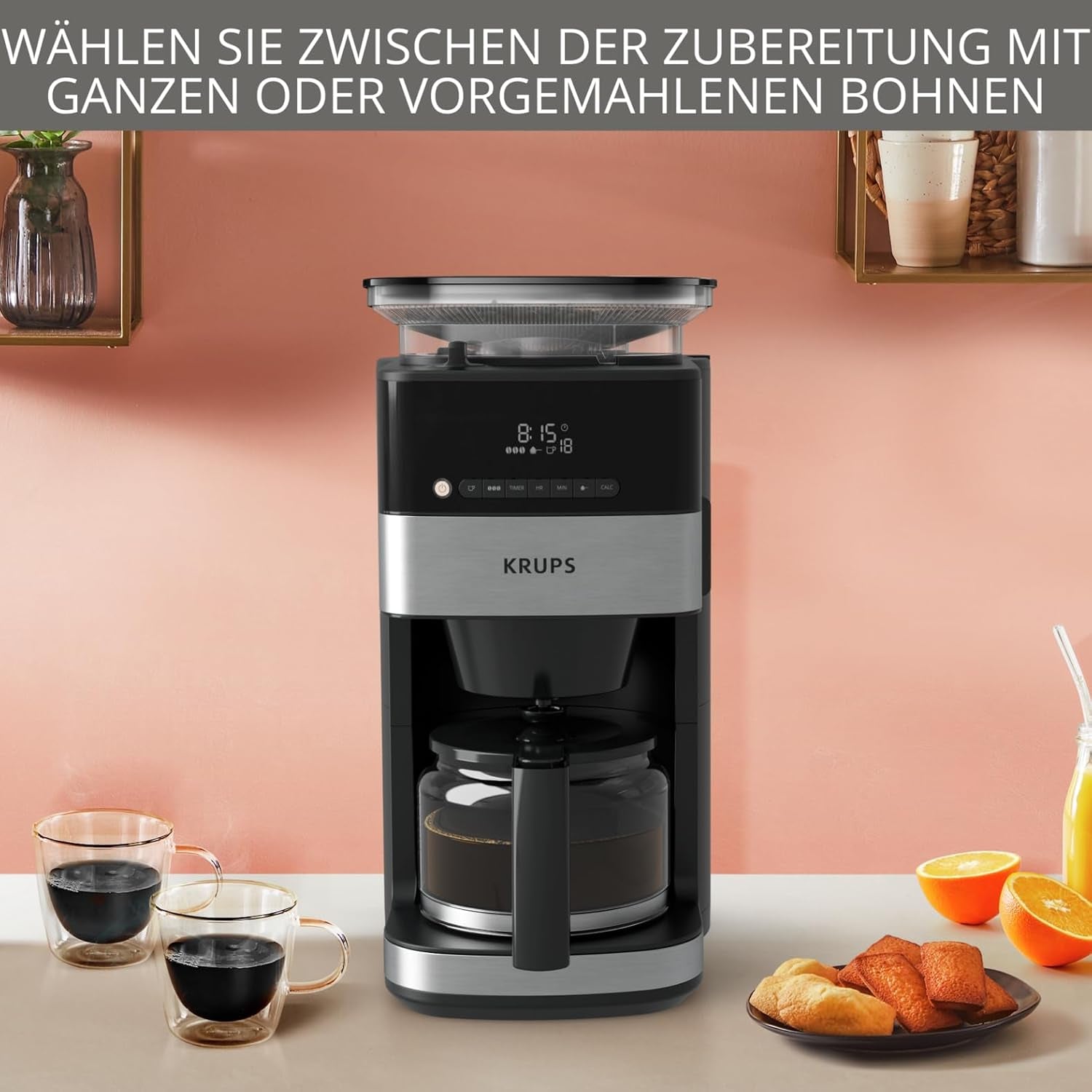 Máquina de café espresso Krups KM8328 Moler con molinillo | Temporizador de 24 horas | Contenedor de cereales 180 g | Capacidad 1,25 l para hasta 15 tazas de café | Función de apagado automático | 3 configuraciones de molienda | Negro