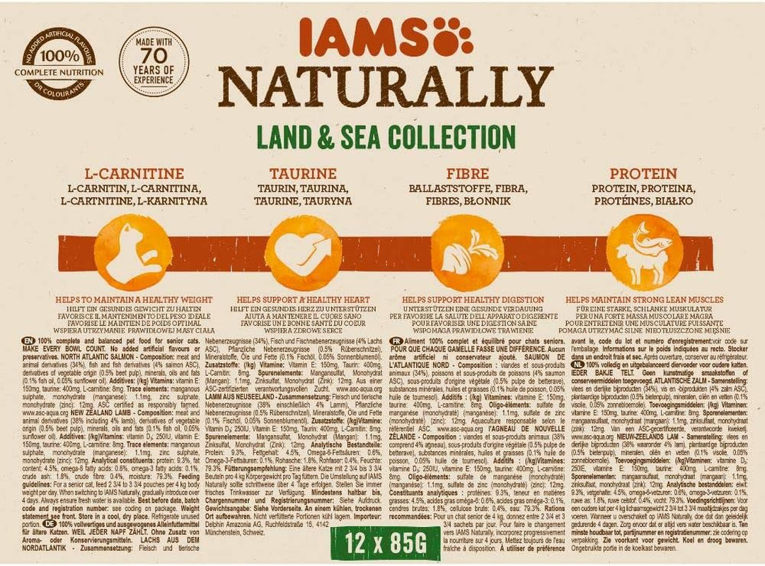 IAMS Naturally Senior Comida húmeda en salsa - Comida húmeda de carne y pescado de alta calidad para gatos mayores, Colección Land & Sea, 12 x 85 g