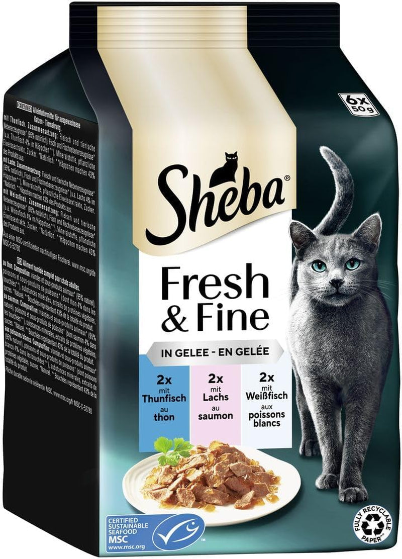 Sheba Portion Bolsas Comida húmeda para gatos, Multipack Fresh & Fine en gelatina con atún MSC y salmón, 6x6x50g - Comidas saludables para gatos con gelatina
