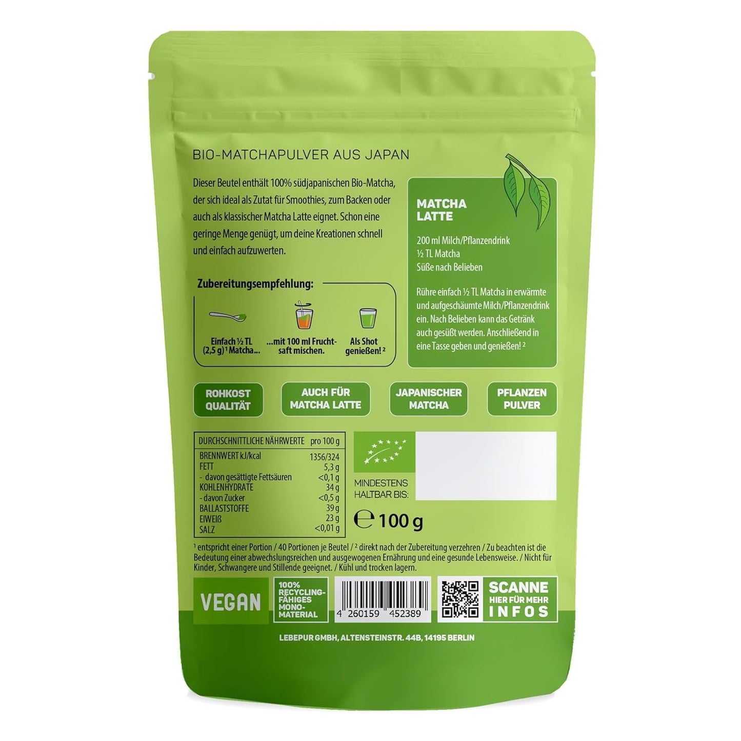 Lebepur BIO Matcha en polvo 100G - Calidad Premium de Japón Sin aditivos - Té verde en polvo 100% puro para Matcha Latte, té Matcha, té verde, batido - Té verde japonés