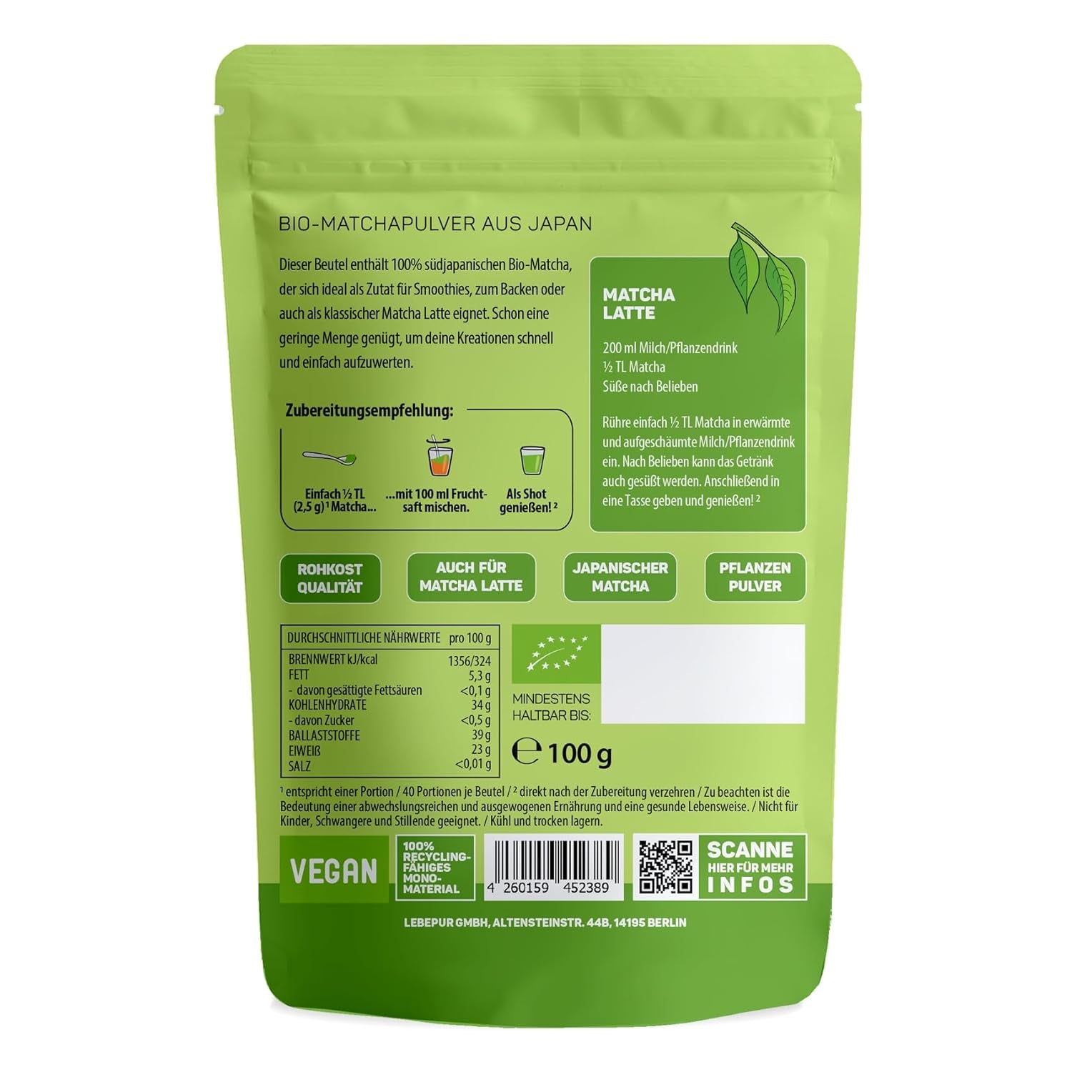 Lebepur BIO Matcha en polvo 100G - Calidad Premium de Japón Sin aditivos - Té verde en polvo 100% puro para Matcha Latte, té Matcha, té verde, batido - Té verde japonés