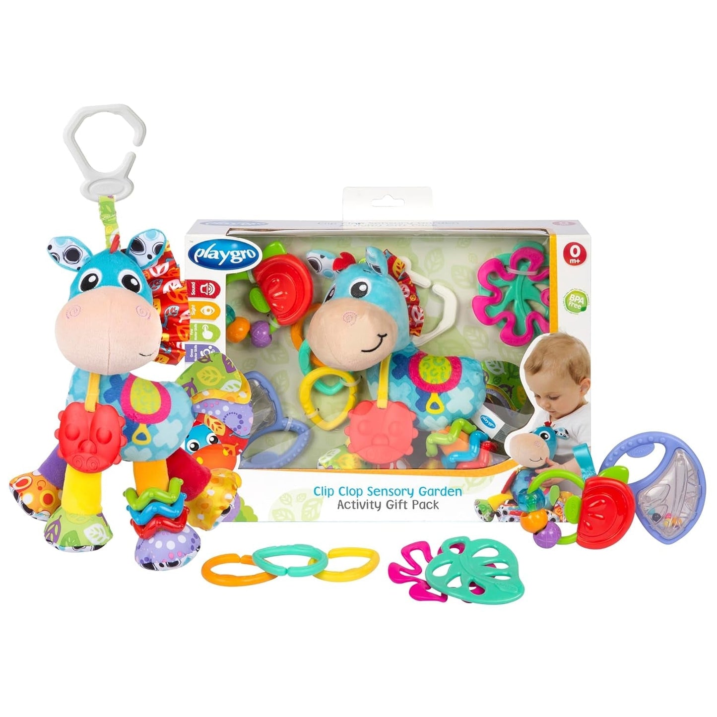 Playgro Clip Clop Pack Regalo Actividad Sensorial Jardín - Juguete Sensorial Jardín para Bebés a Partir de 0 Meses - Juguete Interactivo con Sonajeros, Mordedor y Amigo Cochecito - 4 Piezas