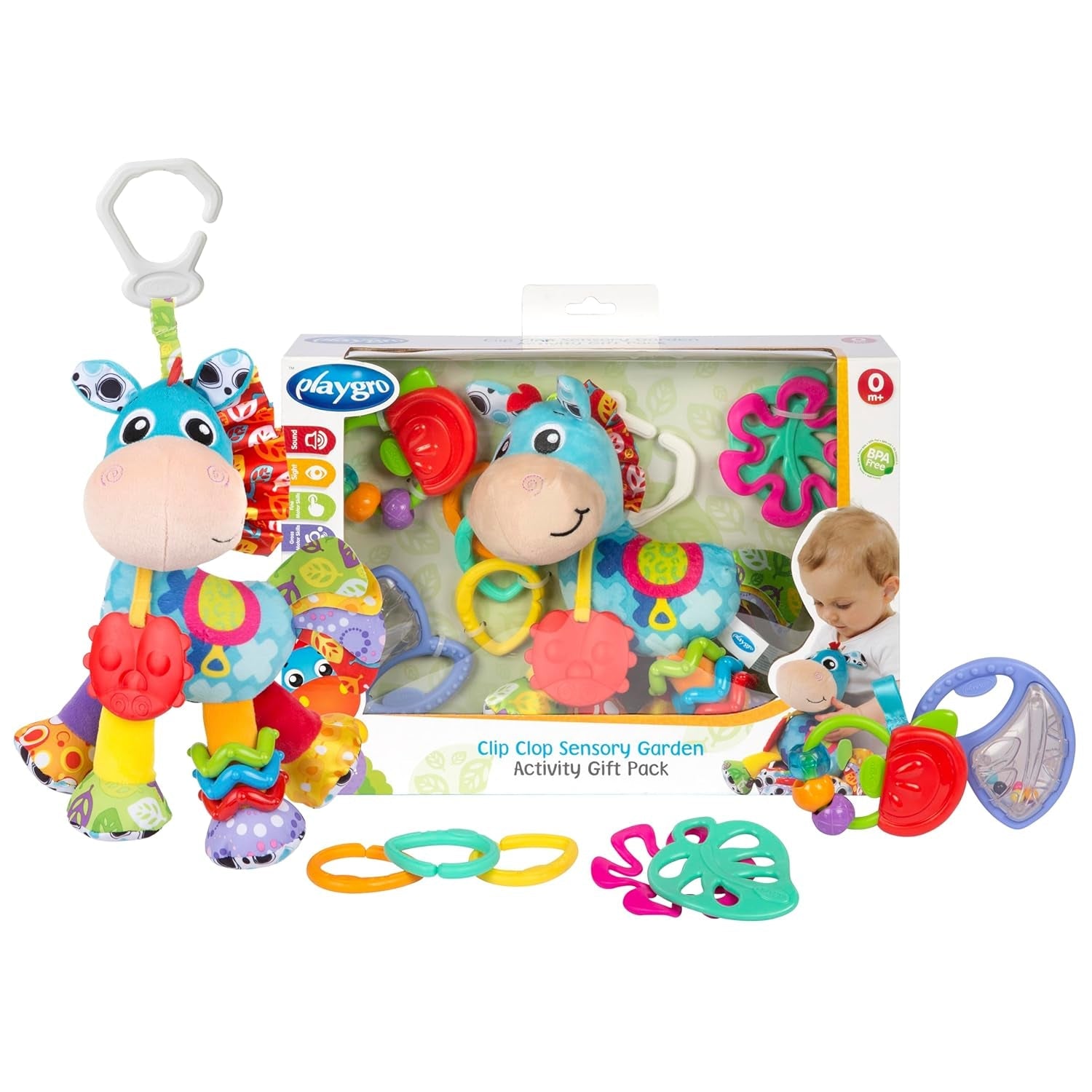 Playgro Clip Clop Pack Regalo Actividad Sensorial Jardín - Juguete Sensorial Jardín para Bebés a Partir de 0 Meses - Juguete Interactivo con Sonajeros, Mordedor y Amigo Cochecito - 4 Piezas