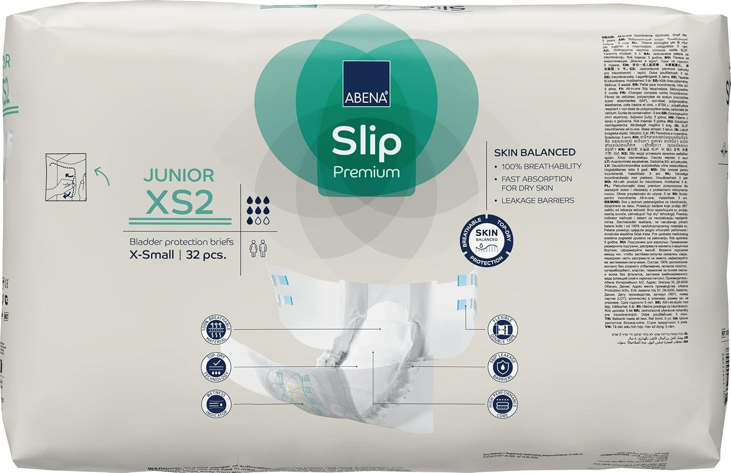 Pañales antideslizantes premium para niños, con etiqueta ecológica, protección mejorada contra fugas, pañales para bebés seguros y cómodos, talla 7/XS2, circunferencia de cintura 40-60 cm, edades de 5 a 15 años, 1 paquete de 32