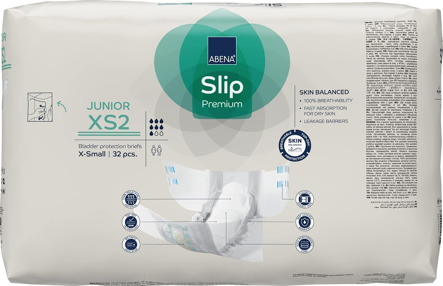 Pañales antideslizantes premium para niños, con etiqueta ecológica, protección mejorada contra fugas, pañales para bebés seguros y cómodos, talla 7/XS2, circunferencia de cintura 40-60 cm, edades de 5 a 15 años, 1 paquete de 32